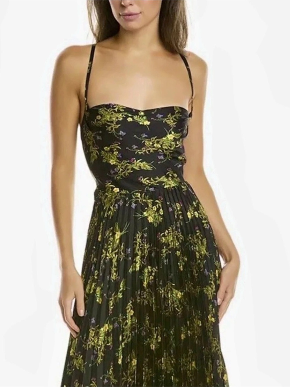 Floral Pleated Midi Dress in Black & Green Like New